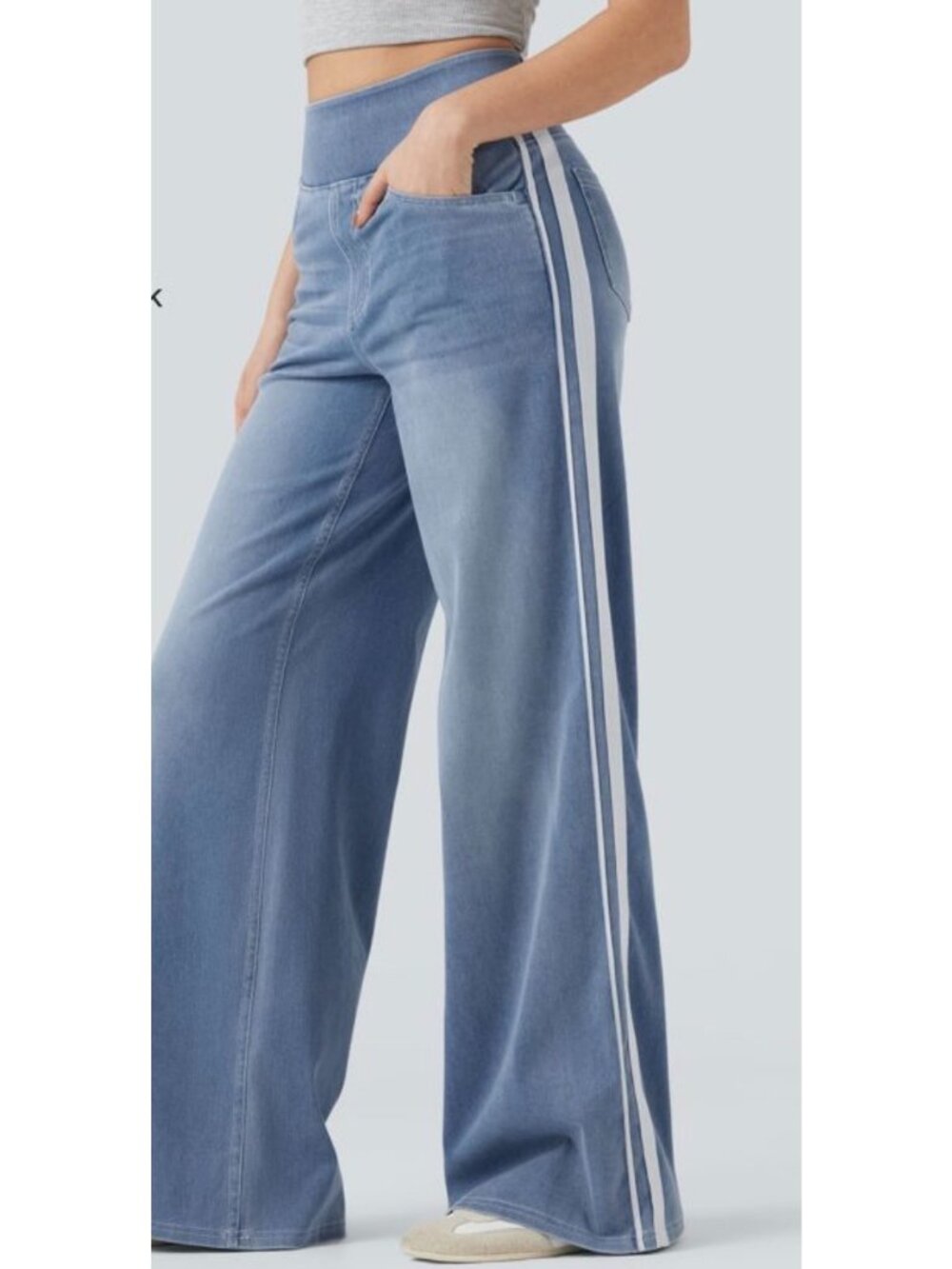 Halara Flex High Waisted Stripe M Wide Leg Flowy Washed Casual Jeans With Pocket